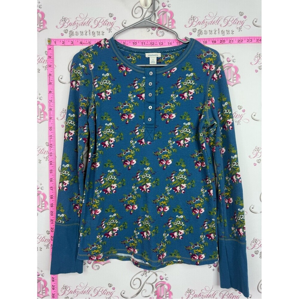 Sundance waffle knit top Teal Floral Henley Long Sleeve Top